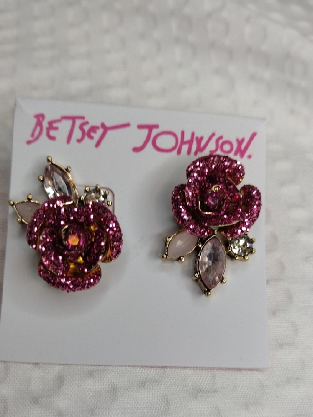 Betsey Johnson Sparkling Hot Pink Mismatch  Rose Stud Earrings With Accents - Picture 5 of 7